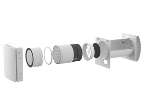 Air Pro V1.0 rumsventilator isärtagen – översikt över alla komponenter med hög värmeåtervinning och WiFi-kompatibilitet.