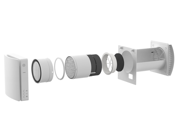 Air Pro V1.0 rumsventilator isärtagen – översikt över alla komponenter med hög värmeåtervinning och WiFi-kompatibilitet.